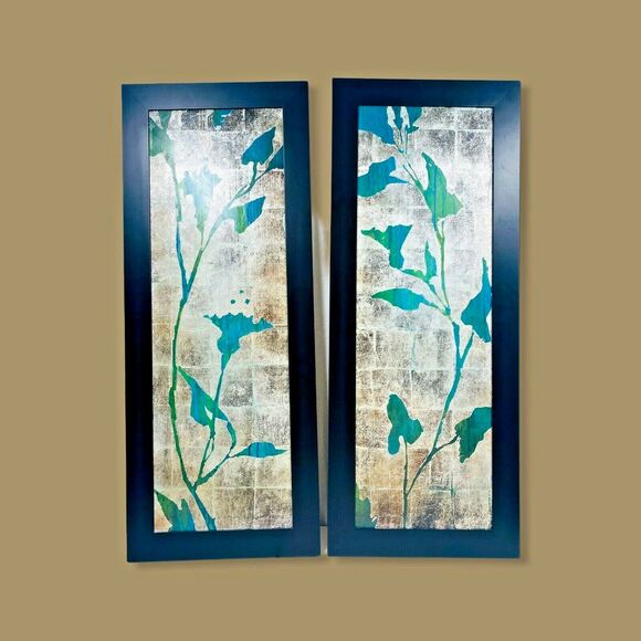 2 Botanical Gardens Green Leaf Foiled Silver Black Framed Wall Art 39"x16" - Picture 12 of 12